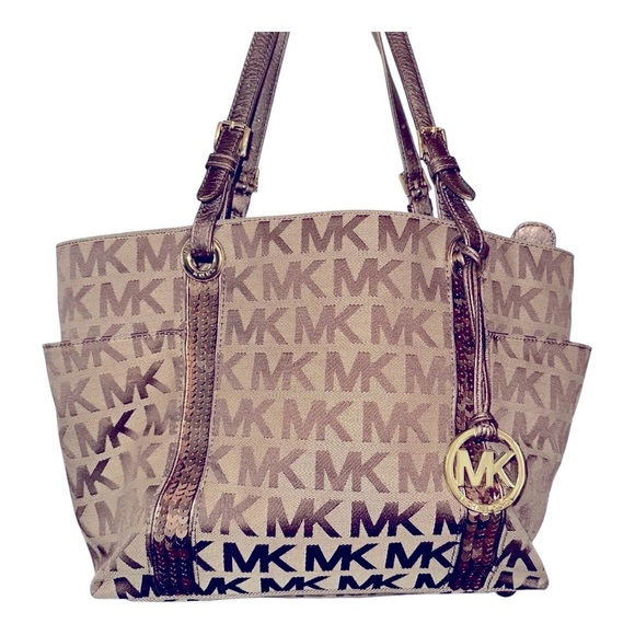 EUC Sequined MICHAEL Michael Kors Tan and Brown Logo Tote - Picture 1 of 3